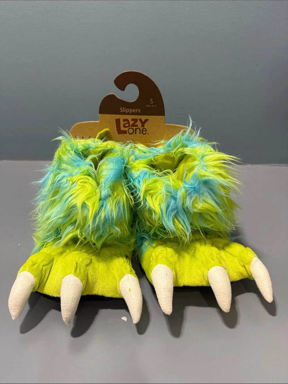 Lazy One Kids Monster Claw Slippers in Lime Green & Aqua Fur